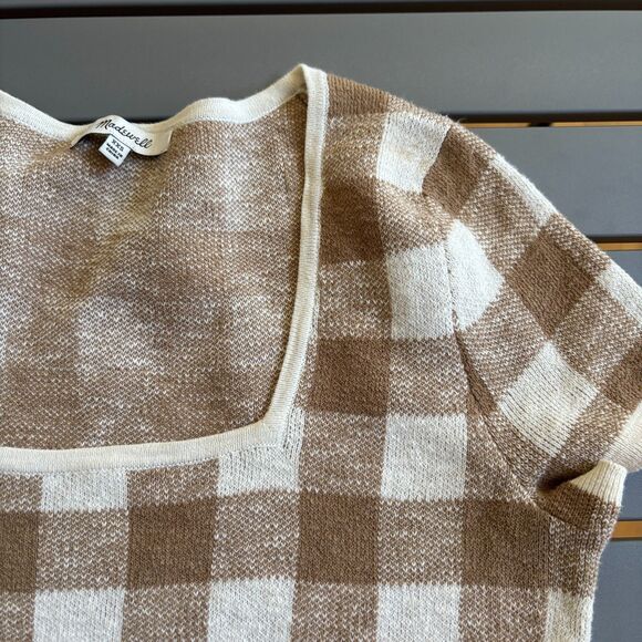 Madewell Sweater Women's 2XS Brown Cream Check Knitted Short Sleeve Square Neck - Picture 4 of 7